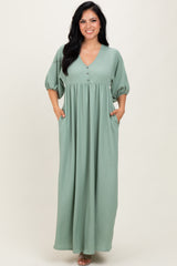 Sage Solid Woven 3/4 Sleeve V-Neck Button Down Maternity Maxi Dress