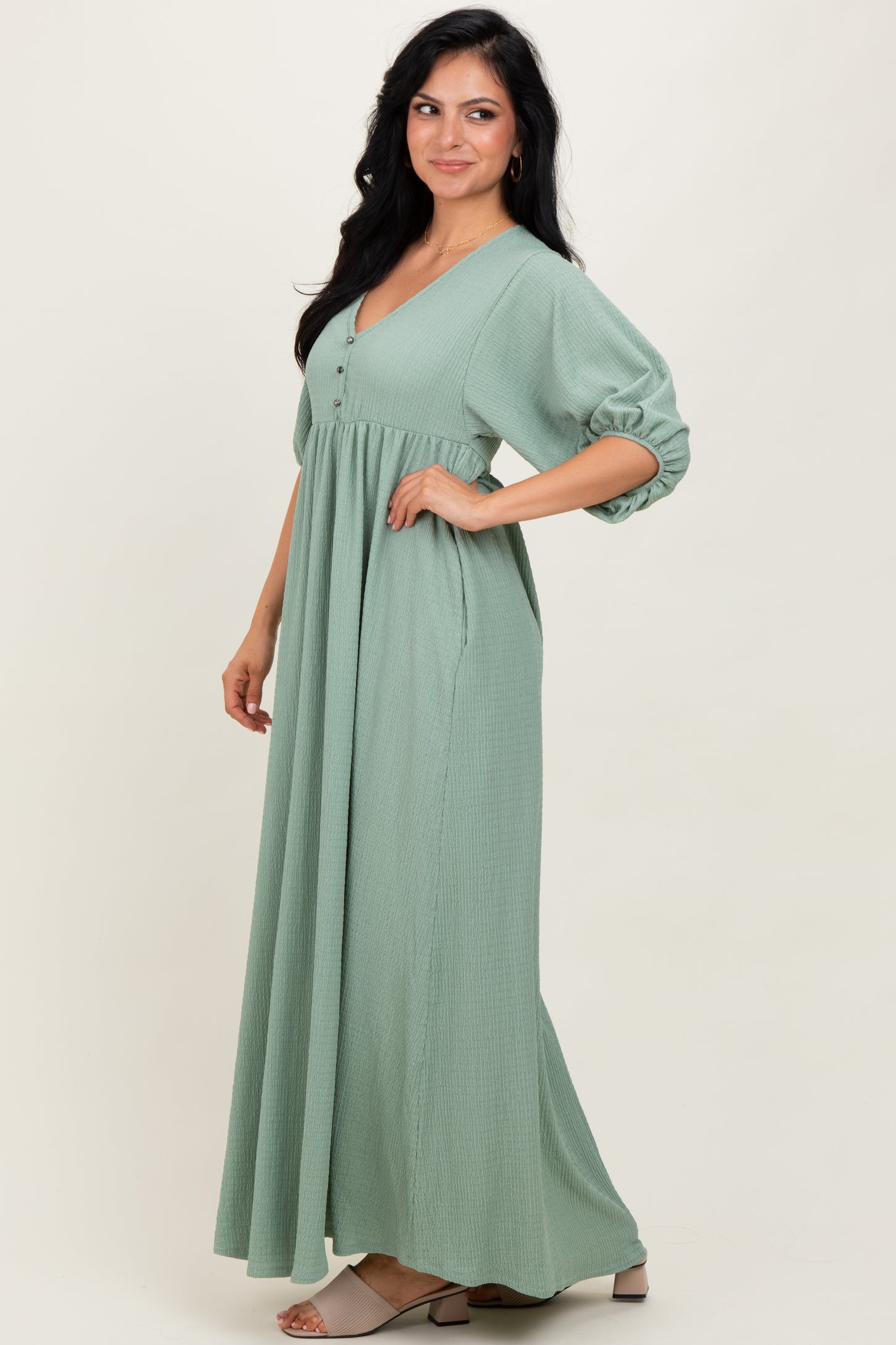 Sage Solid Woven 3/4 Sleeve V-Neck Button Down Maxi Dress – PinkBlush
