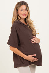 Brown Hooded Short Sleeve Maternity Top