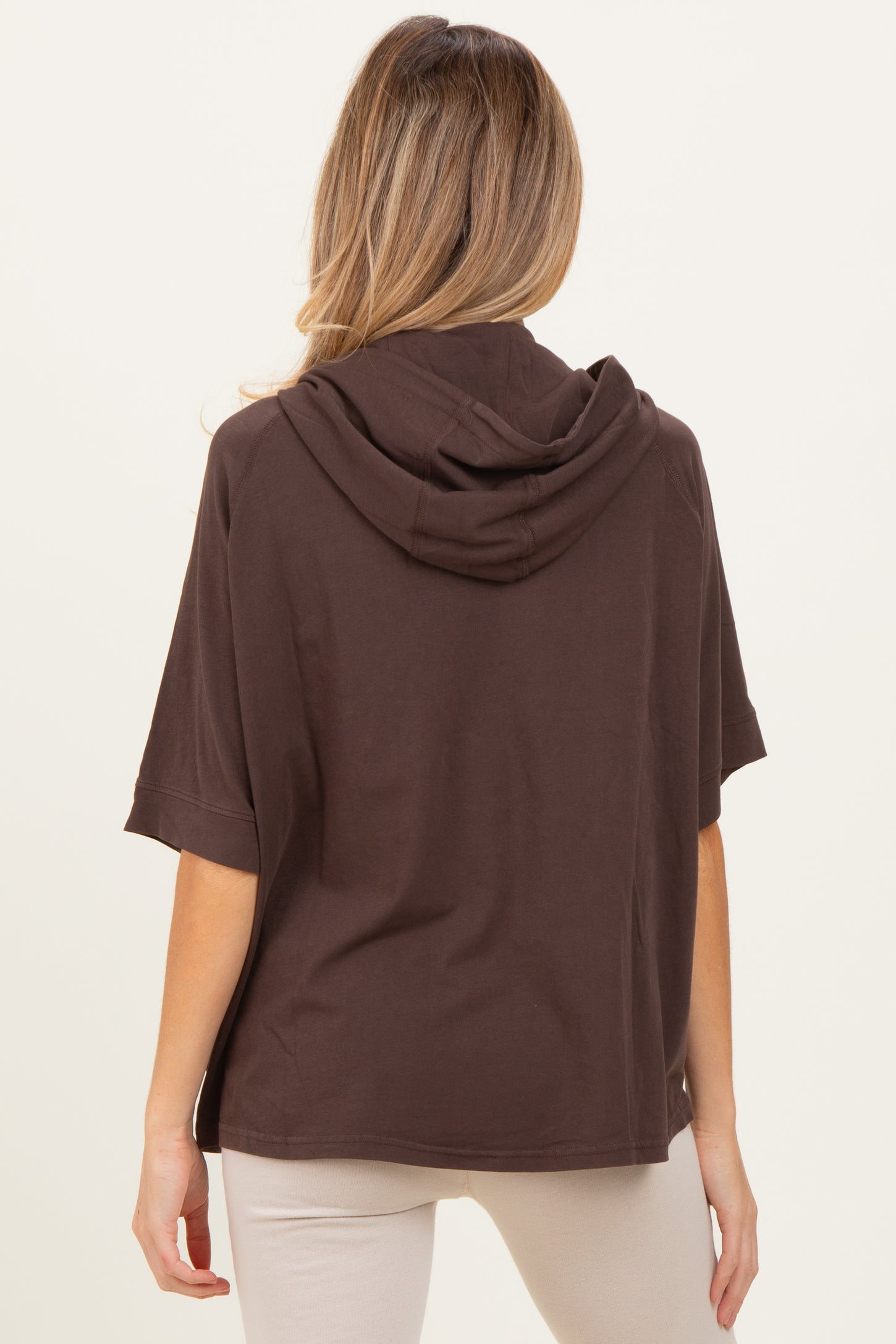 Brown Hooded Short Sleeve Maternity Top