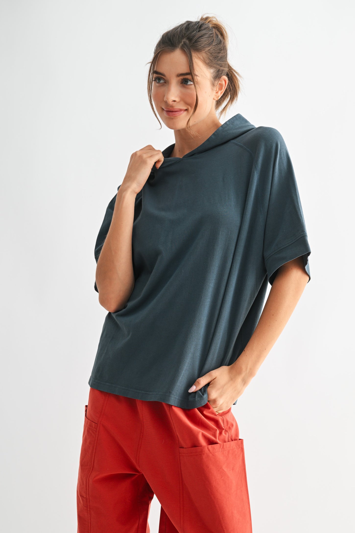 Navy Hooded Short Sleeve Top