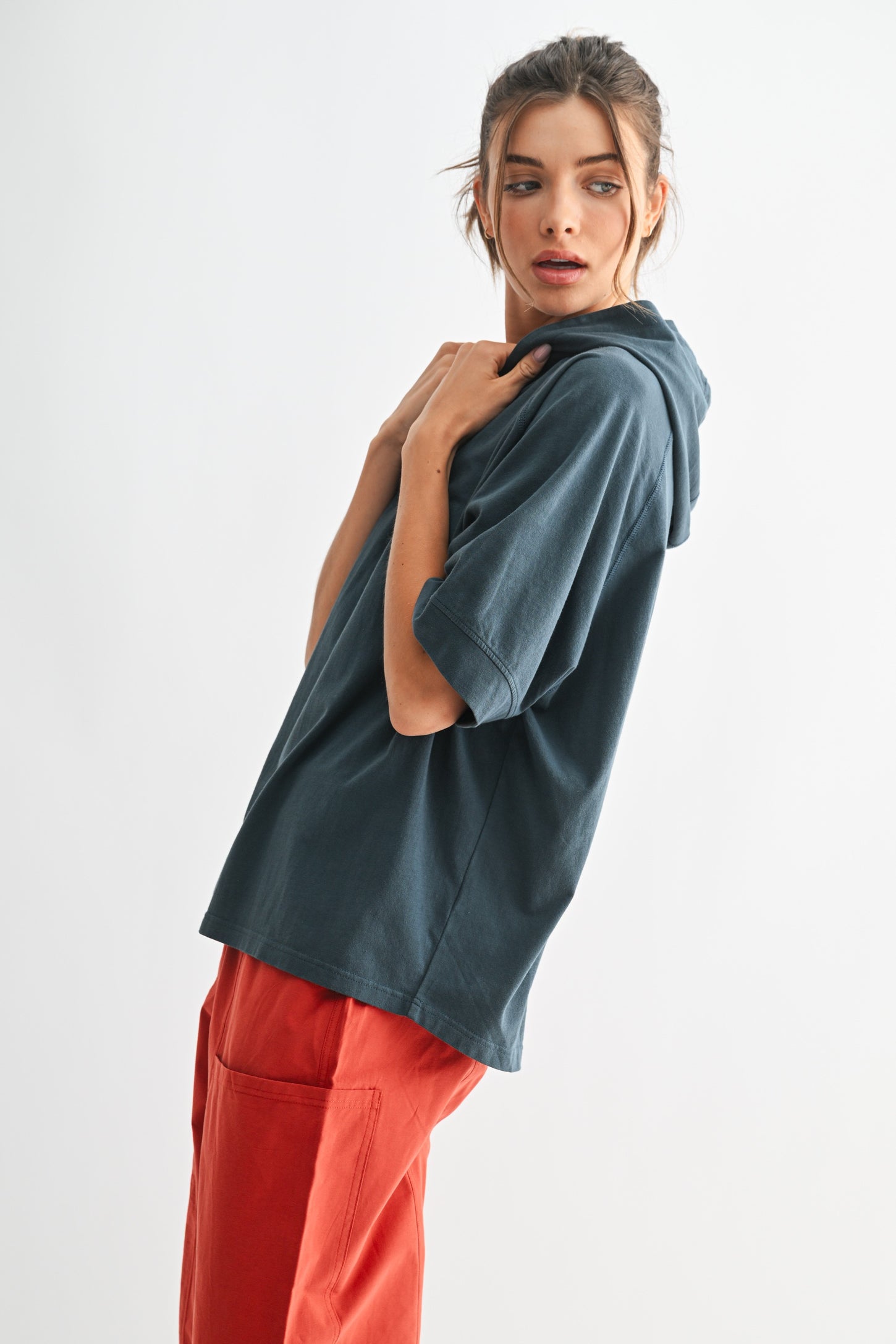 Navy Hooded Short Sleeve Top