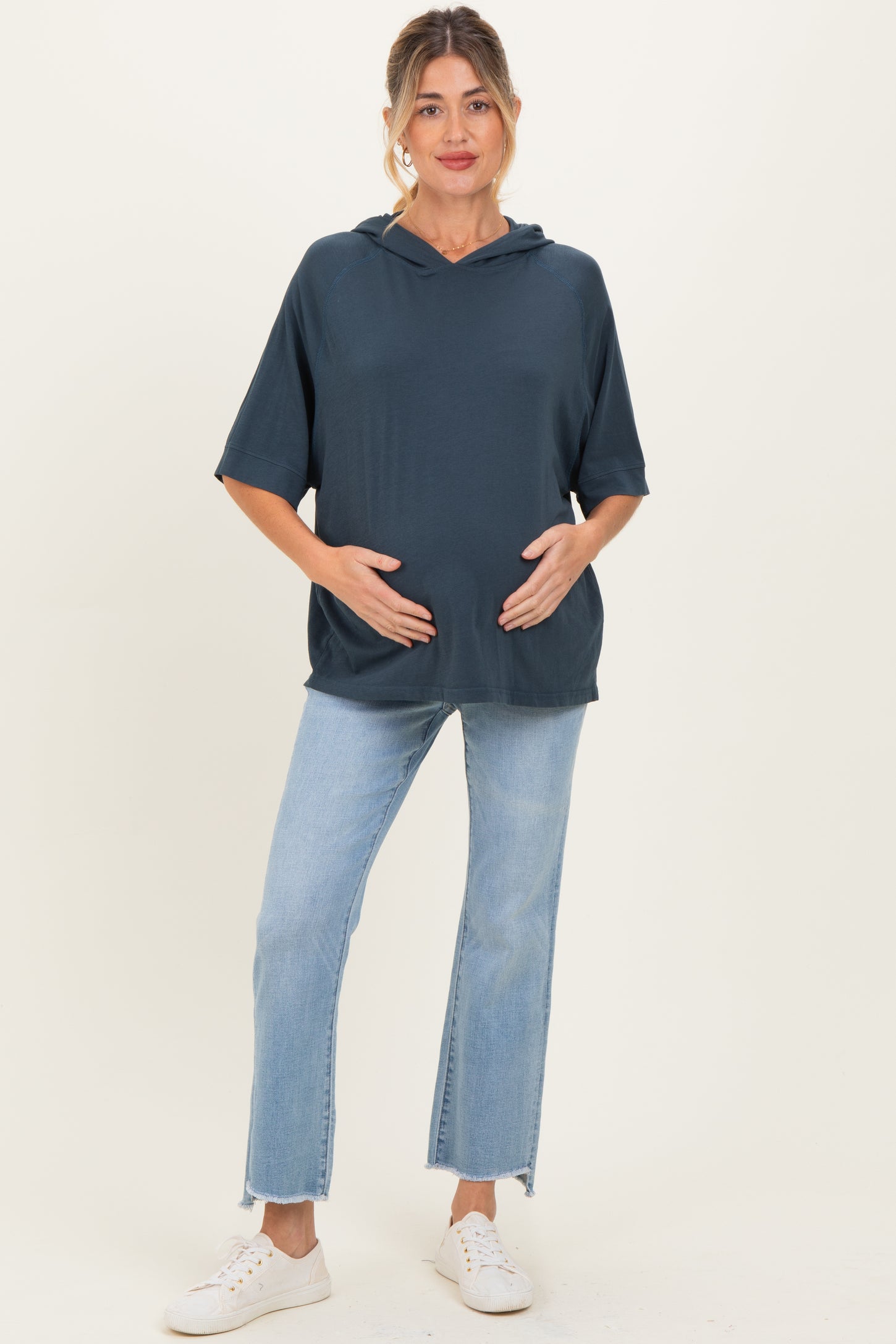 Navy Hooded Short Sleeve Maternity Top