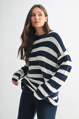 Navy Striped Long Sleeve Sweater Knit Pants Set