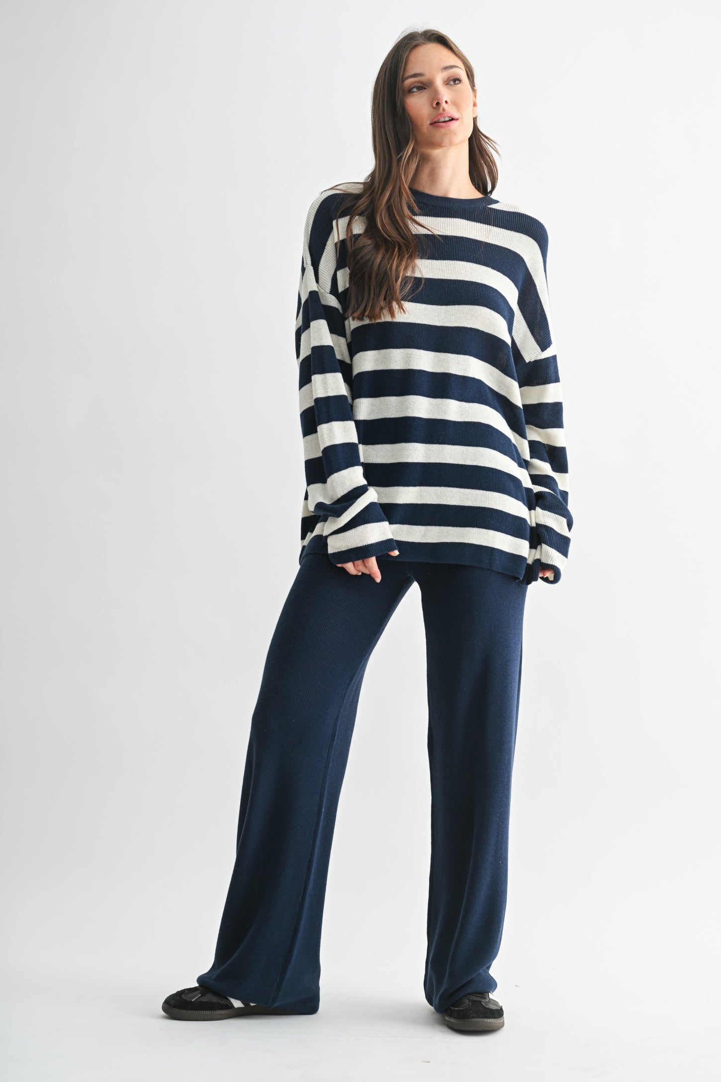 Navy Striped Long Sleeve Sweater Knit Pants Set