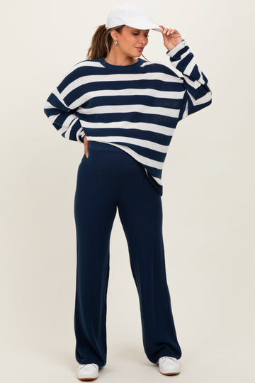 Navy Striped Long Sleeve Sweater Knit Pants Maternity Set