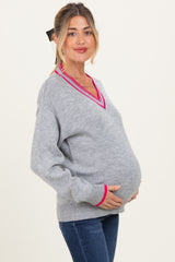 Heather Grey Contrast Detail V-Neck Maternity Sweater