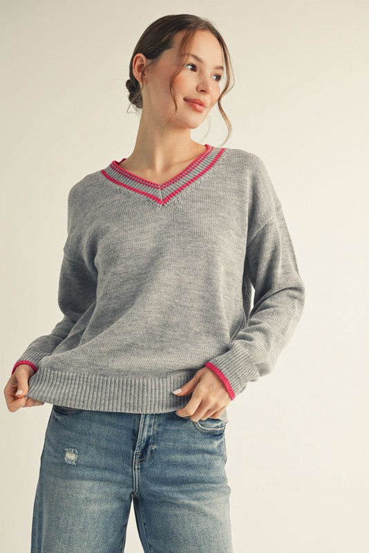 Heather Grey Contrast Detail V-Neck Sweater