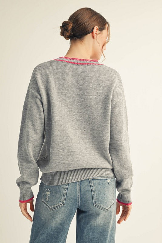 Heather Grey Contrast Detail V-Neck Sweater