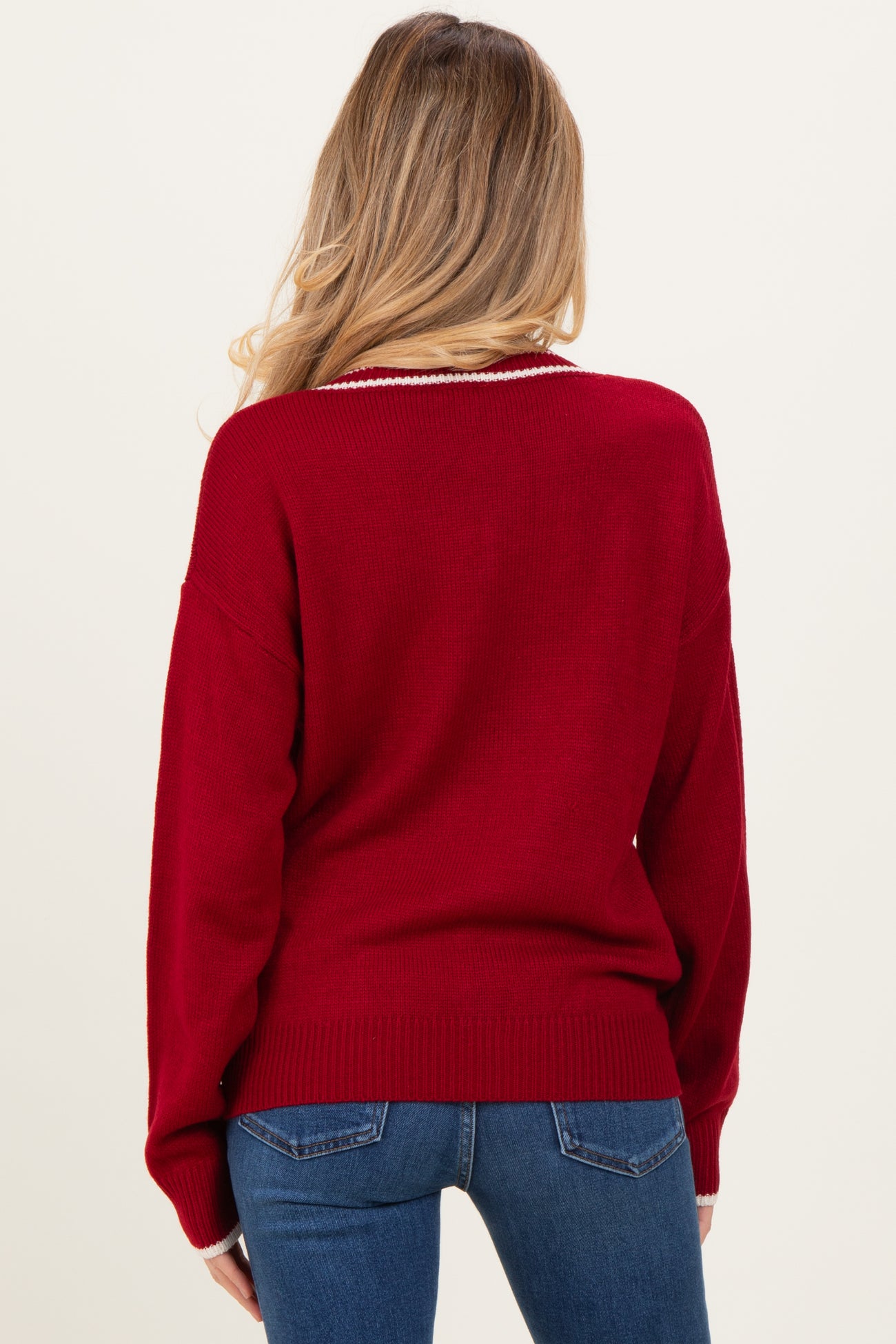 Burgundy Contrast Detail V-Neck Maternity Sweater