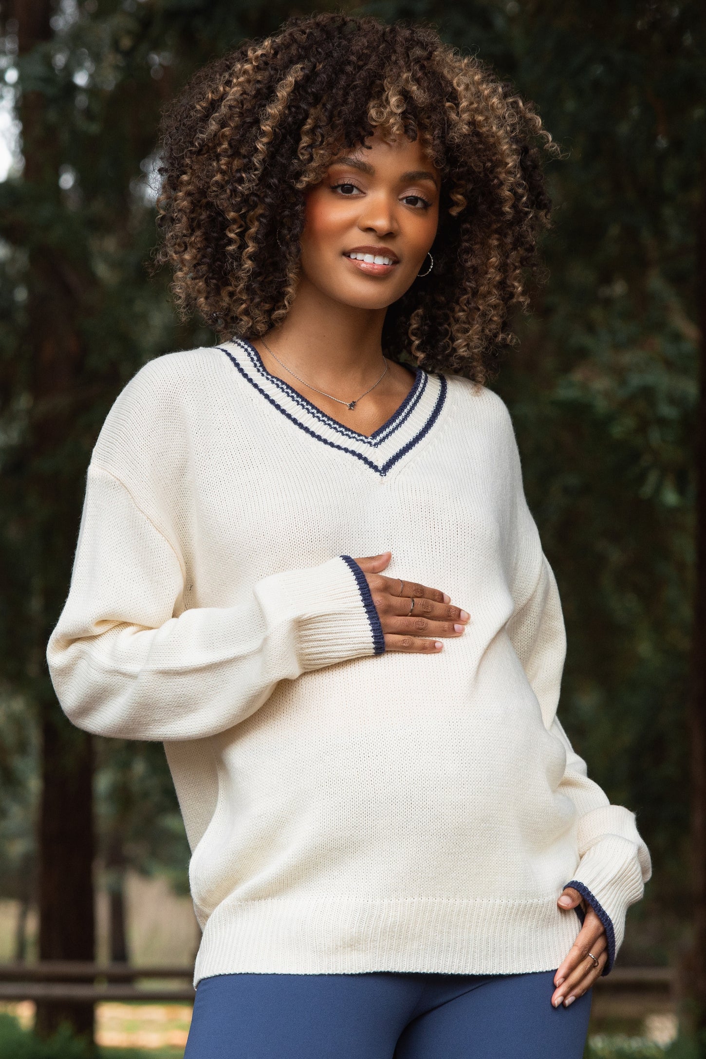Cream Contrast Detail V-Neck Maternity Sweater