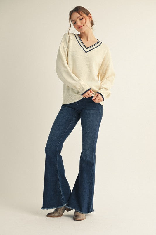 Cream Contrast Detail V-Neck Sweater