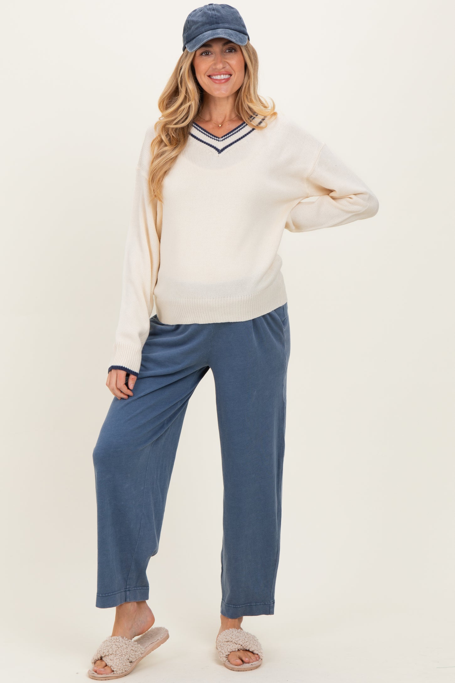 Cream Contrast Detail V-Neck Maternity Sweater