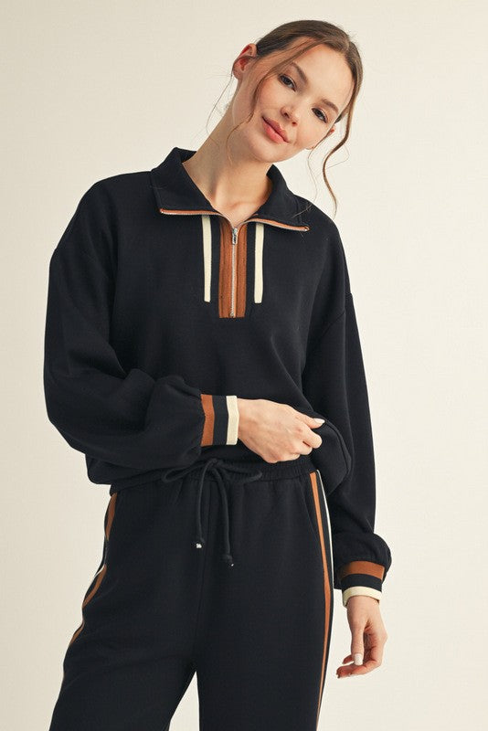 Black Contrast Trim Half Zip Maternity Sweatshirt