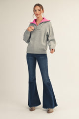 Heather Grey Contrast Collar Half Zip Sweater
