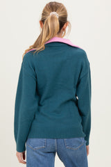 Dark Teal Contrast Collar Half Zip Maternity Sweater