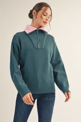 Dark Teal Contrast Collar Half Zip Sweater