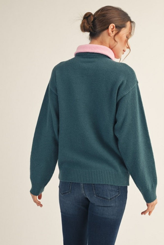 Dark Teal Contrast Collar Half Zip Sweater