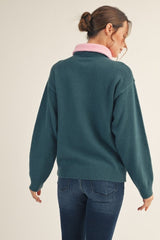Dark Teal Contrast Collar Half Zip Sweater