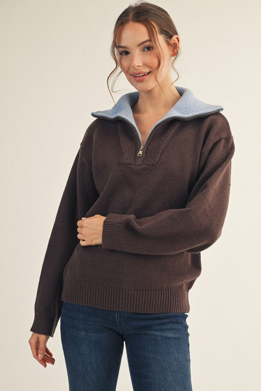 Brown Contrast Collar Half Zip Maternity Sweater