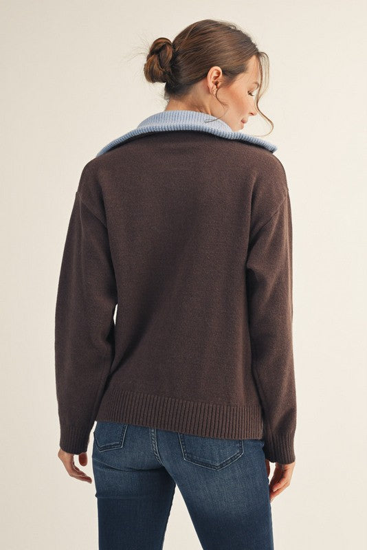 Brown Contrast Collar Half Zip Sweater
