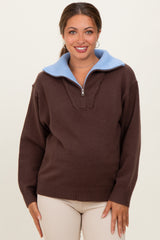 Brown Contrast Collar Half Zip Maternity Sweater