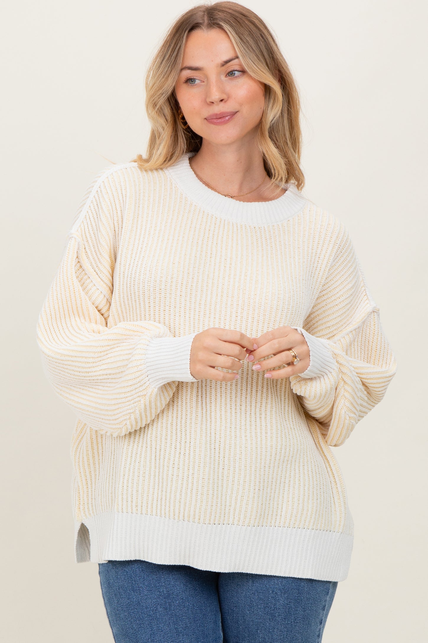 Yellow Ribbed Balloon Sleeve Sweater