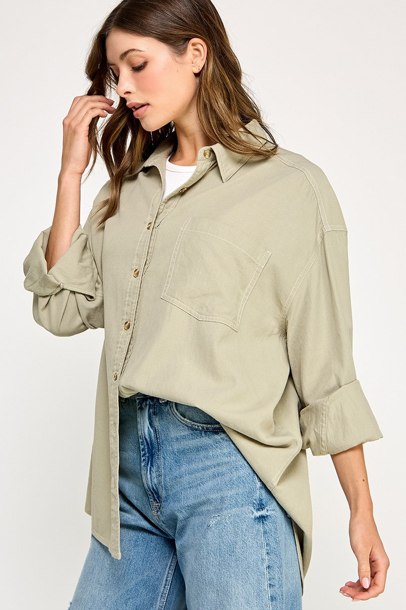 Light Olive Chambray Button Down Top