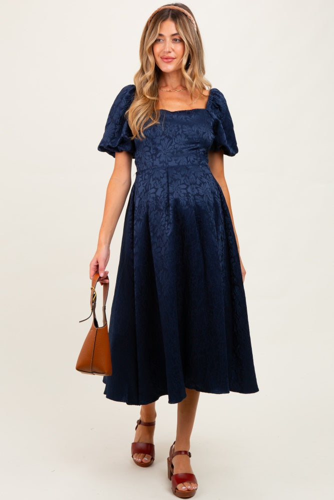blue junior bridesmaid dresses Navy Puff Sleeve Belted Midi Shirt Dress Mac Duggal