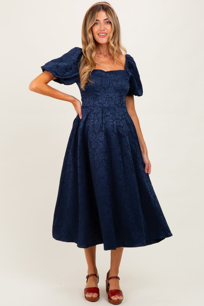 Navy Floral Jacquard Puff Sleeve Maternity Midi Dress