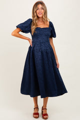Navy Floral Jacquard Puff Sleeve Maternity Midi Dress