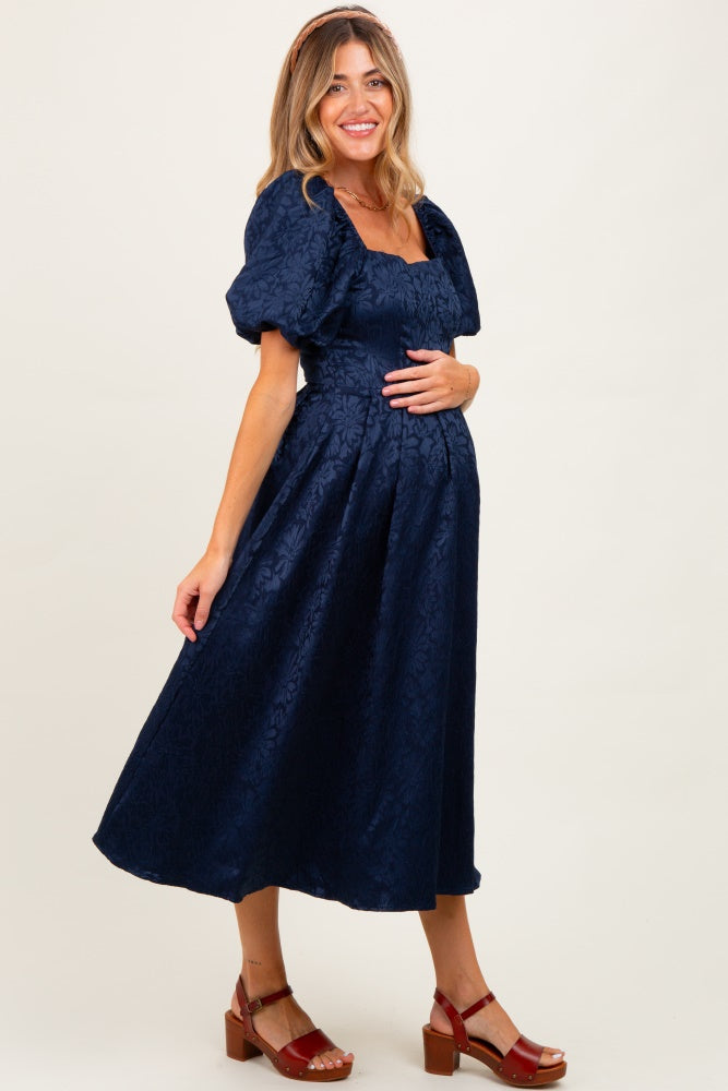 Navy Floral Jacquard Puff Sleeve Maternity Midi Dress β PinkBlush