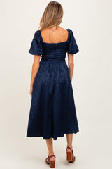 Navy Floral Jacquard Puff Sleeve Maternity Midi Dress