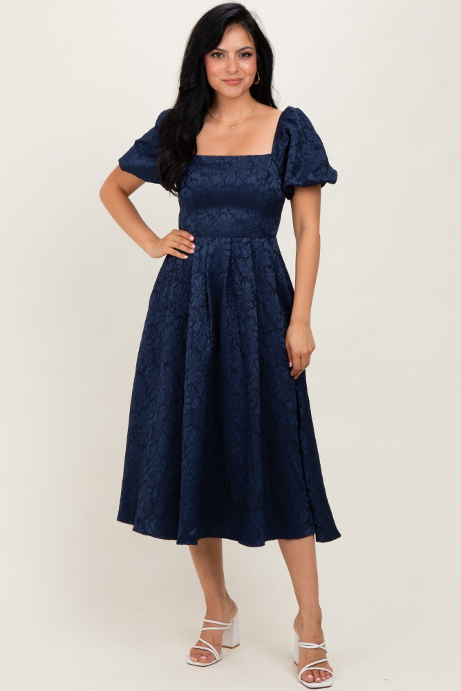 evening of elegance navy blue floral jacquard wrap midi dress Evening of Elegance Navy Blue Floral Jacquard Wrap Midi Dress