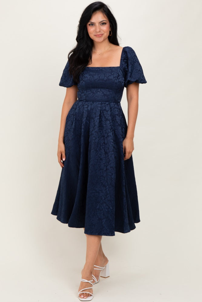 Navy Floral Jacquard Puff Sleeve Midi Dress