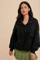 Black Contrast Reversed Fleece 1/4 Zip Maternity Pullover