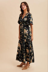 Navy Floral Flutter Button Down Maxi Dress