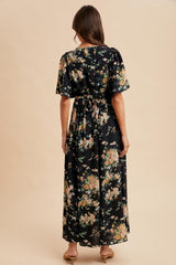 Navy Floral Flutter Button Down Maxi Dress