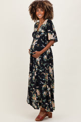 Navy Floral Flutter Button Down Maternity Maxi Dress