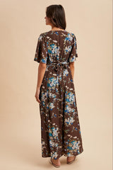 Brown Floral Flutter Button Down Maxi Dress
