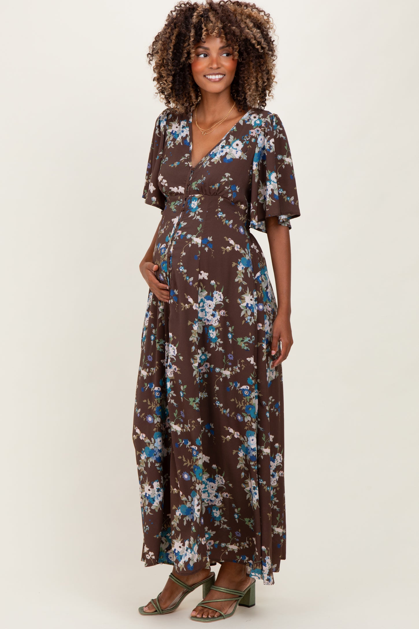 Brown Floral Flutter Button Down Maternity Maxi Dress