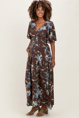 Brown Floral Flutter Button Down Maternity Maxi Dress