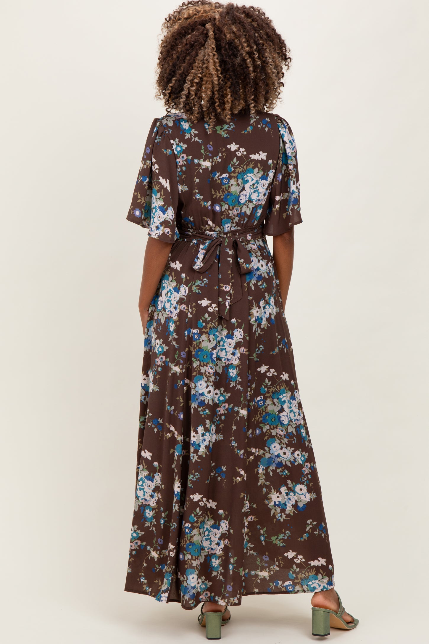 Brown Floral Flutter Button Down Maternity Maxi Dress