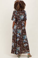 Brown Floral Flutter Button Down Maternity Maxi Dress