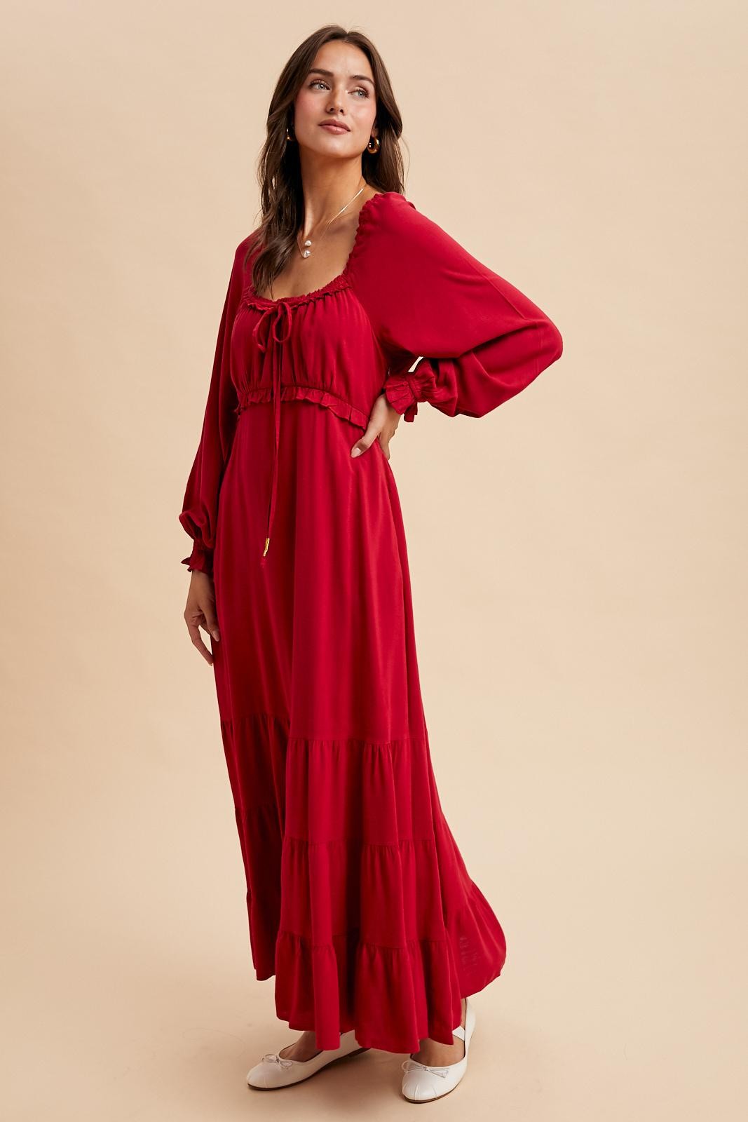 Red Ruffled Fit And Flare Maxi Dress