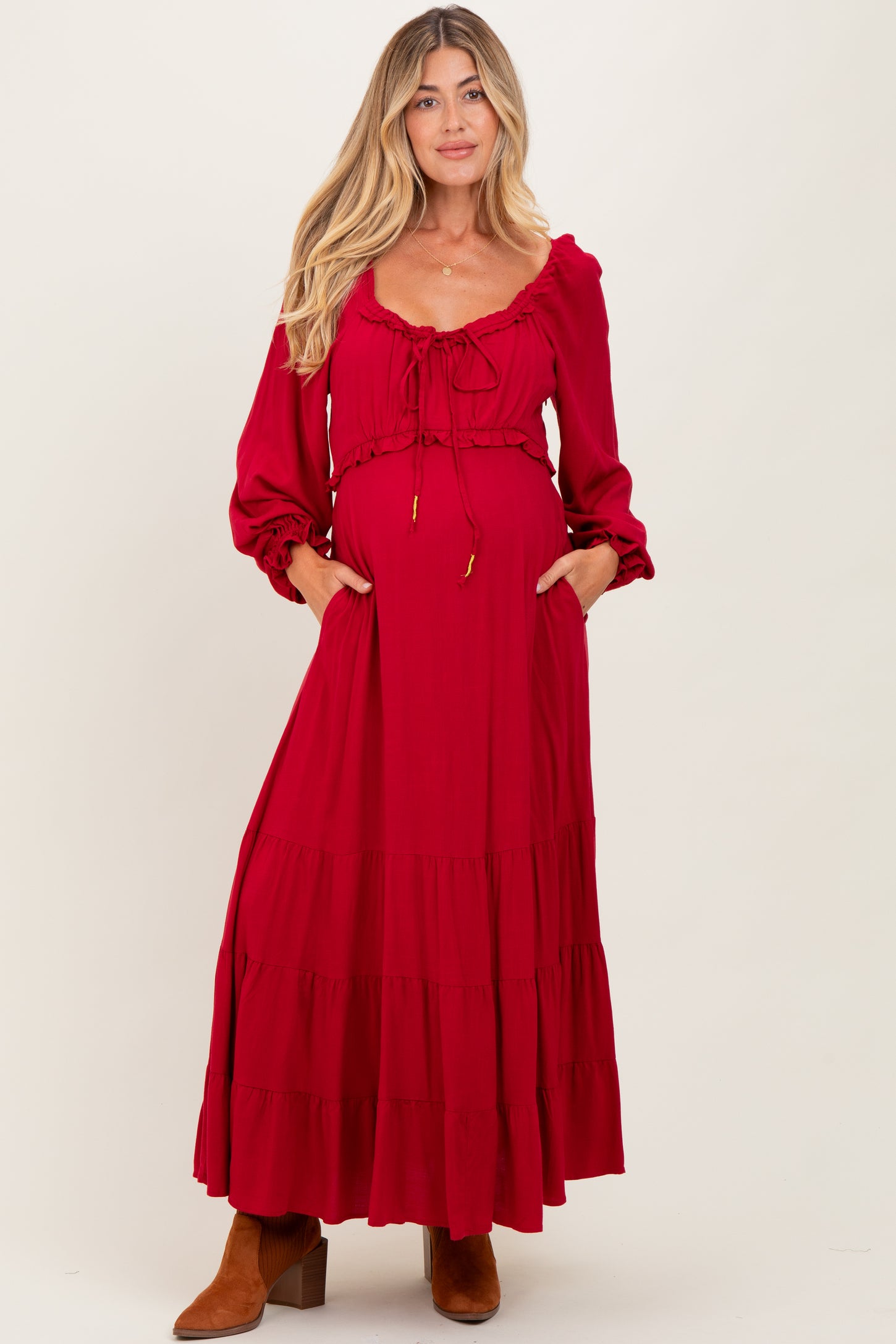 Red Ruffled Fit And Flare Maternity Maxi Dress PinkBlush Red Ruffled Fit And Flare Maternity Maxi Dress PinkBlush