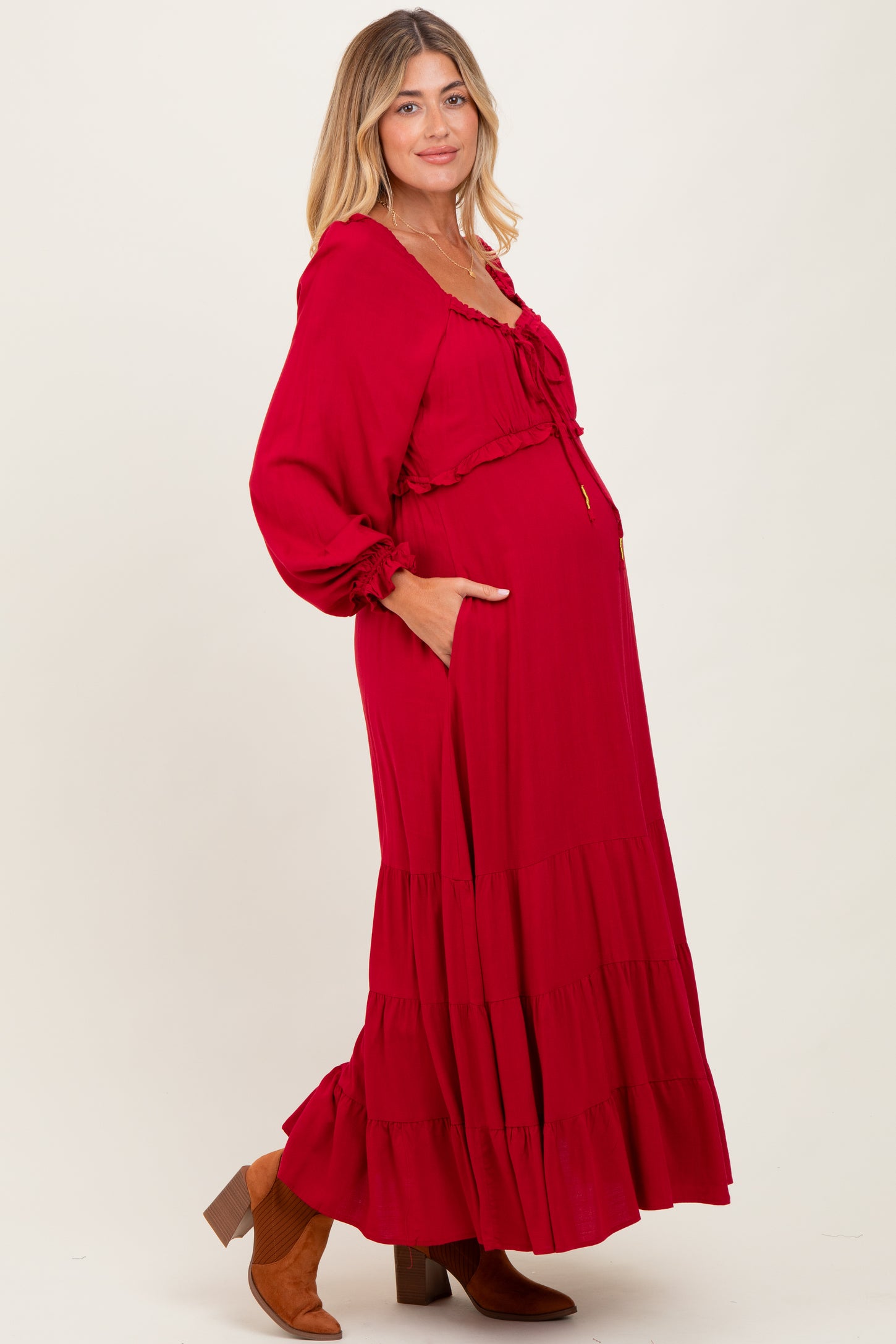 Red Ruffled Fit And Flare Maternity Maxi Dress Red Ruffled Fit And Flare Maternity Maxi Dress