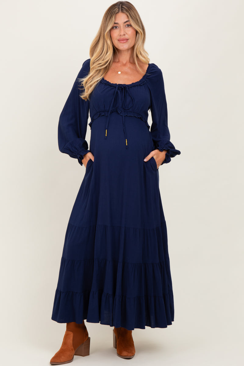 Navy Ruffled Fit And Flare Maternity Maxi Dress PinkBlush Navy Ruffled Fit And Flare Maternity Maxi Dress PinkBlush