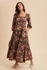 Brown Floral Square Neck Cotton Maternity Maxi Dress