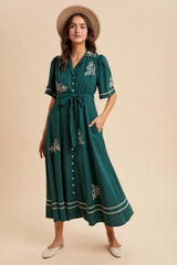 Emerald Embroidered Button Down Maxi Dress
